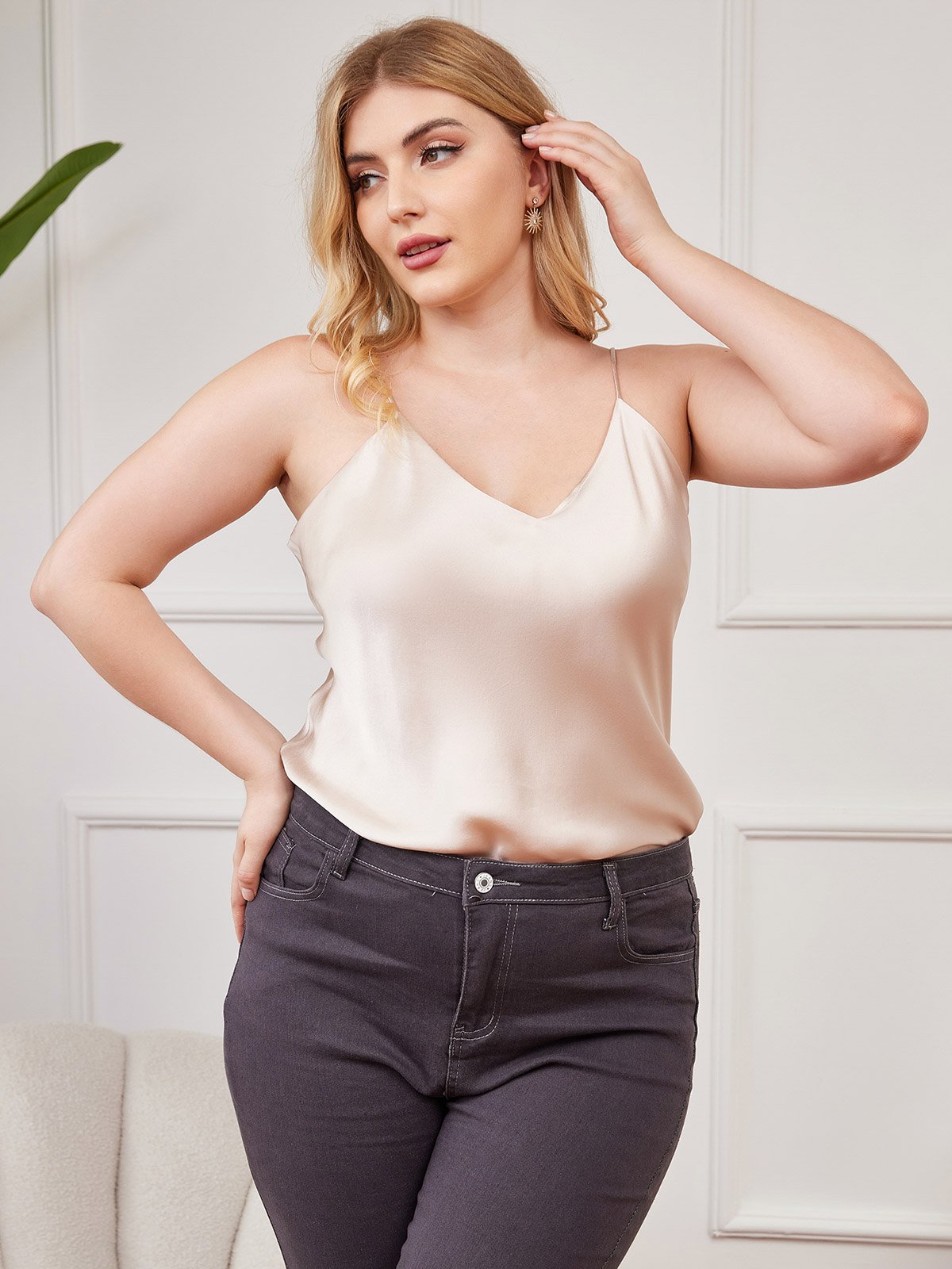 [Beige] SilkSilky-FR Fines Brides Col V Top À Fines Brides grandes tailles 001