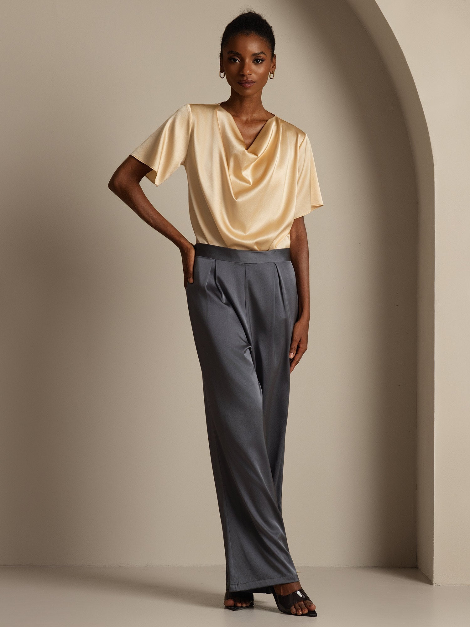 [Gris Foncé] SilkSilky-FR 19Momme Soie Womens Pants 007,