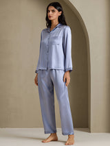 [Bleu Acier] SilkSilky-FR Long Sleeve Lapel Collar Femme Pyjamas 007
