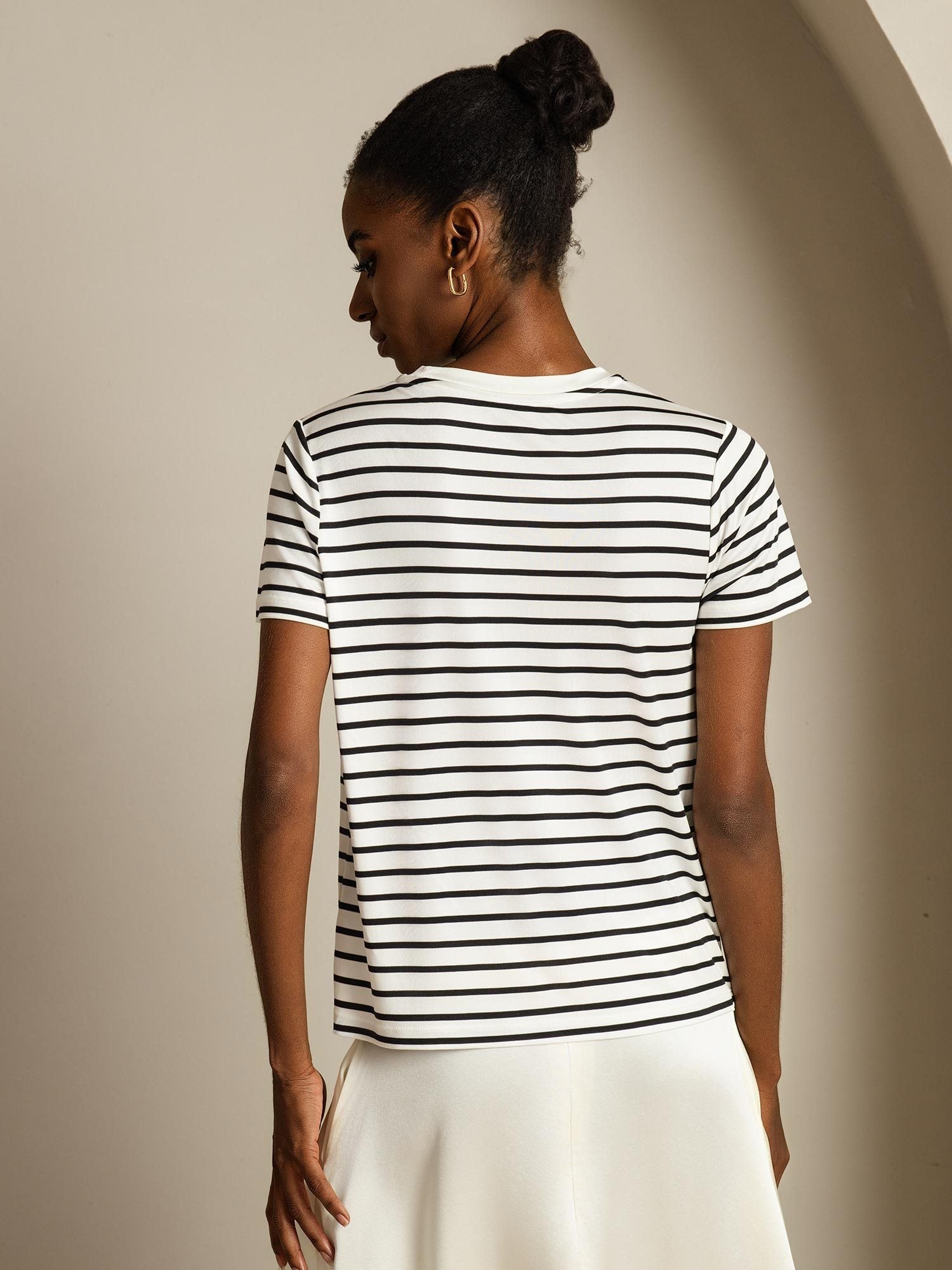 [RayureBlanche] SilkSilky-FR Soie Col Rond Femme T-Shirt 002