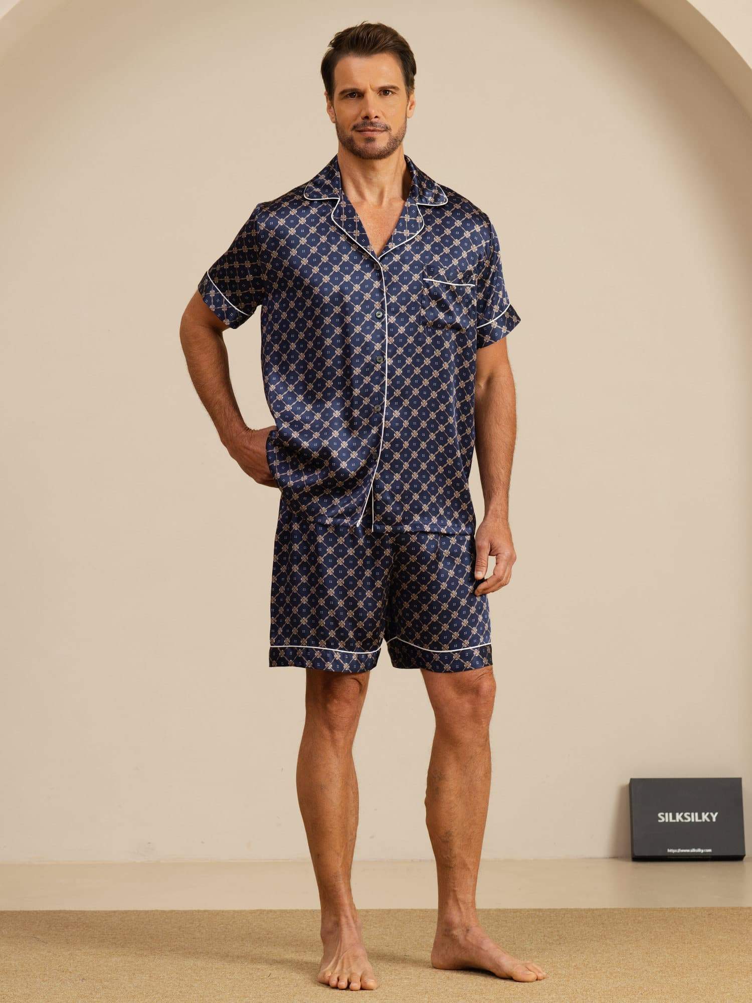 [Chaîne Marine] SilkSilky-FR Manches courtes Col Cranté Homme Pyjamas 001