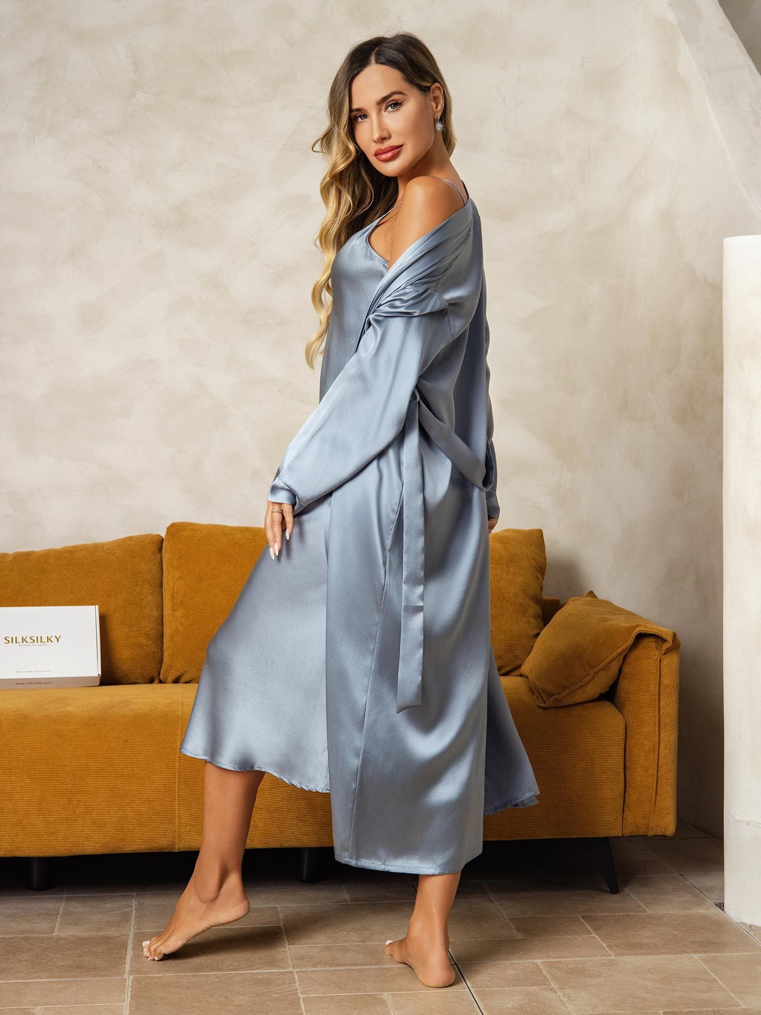 [BleuGrisâtre] SilkSilky-FR Soie Nightgown&Robe Set 002