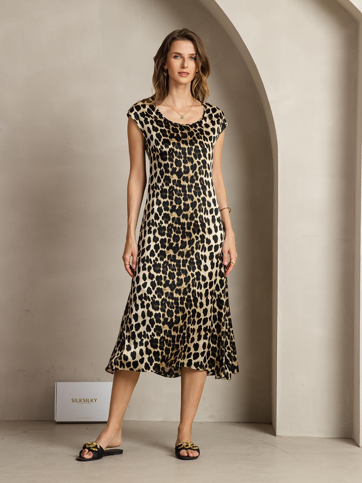 [Leopard] SilkSilky-FR 19Momme Soie Col Rond Robes 001