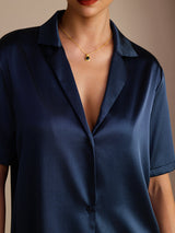 [Bleu Foncé] SilkSilky-FR Short Sleeve Notch Collar Femme Chemise 004
