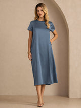 [Bleu Canard Véritable] SilkSilky-FR Short Sleeve Crew Neck Robes 007