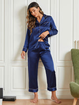 [Bleu Foncé] SilkSilky-FR Pure Soie Manches longues Womens Pajamas 002