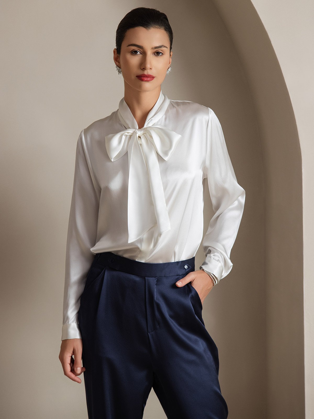 [Blanc] SilkSilky-FR 19Momme Manches longues À Nouer Blouse 007