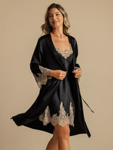 [Noir] SilkSilky-FR 3/4 Sleeve V Neck Peignoir&Robe de Chambre 007