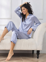 [Bleu Acier] SilkSilky-FR Long Sleeve Lapel Collar Femme Pyjamas 003