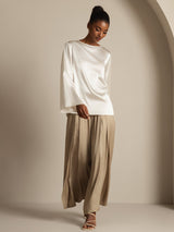 [Blanc] SilkSilky-FR Long Sleeve Boat Neck Blouse 008