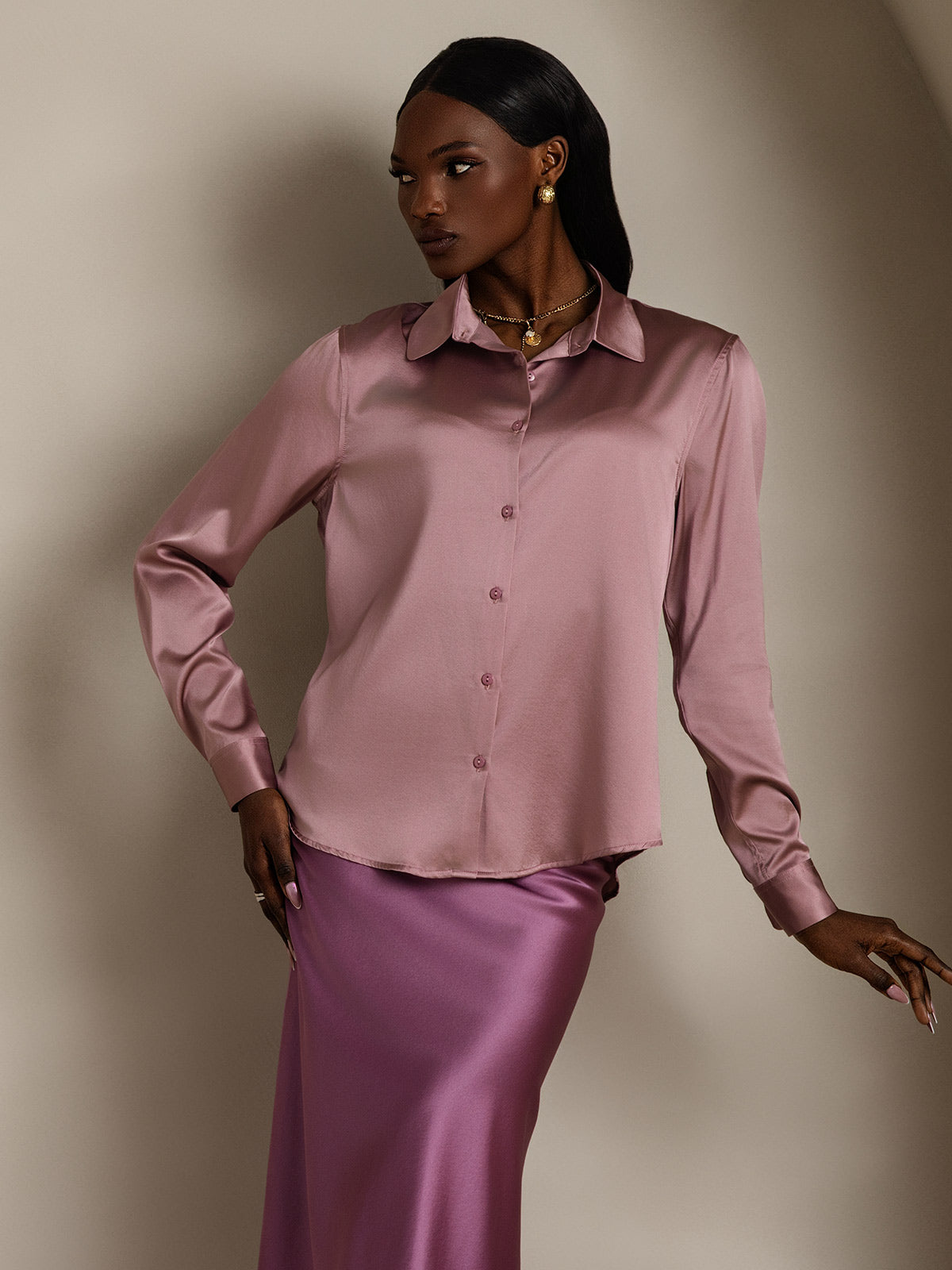 [Mauve Pâle] SilkSilky-FR Soie Col Chemise Femme Chemise 004