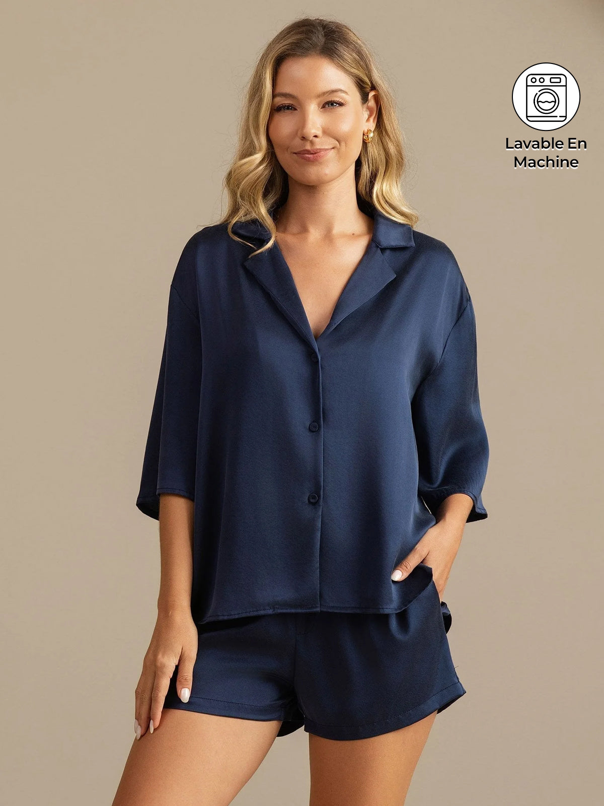 [Bleu Foncé] SilkSilky-FR 19Momme Soie Col Chemise Femme Pyjamas 001