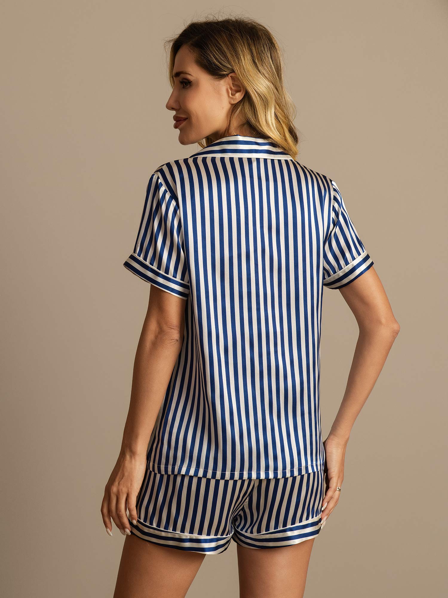 [Bleu Foncé] SilkSilky-FR Pure Soie Womens Pajamas 002,