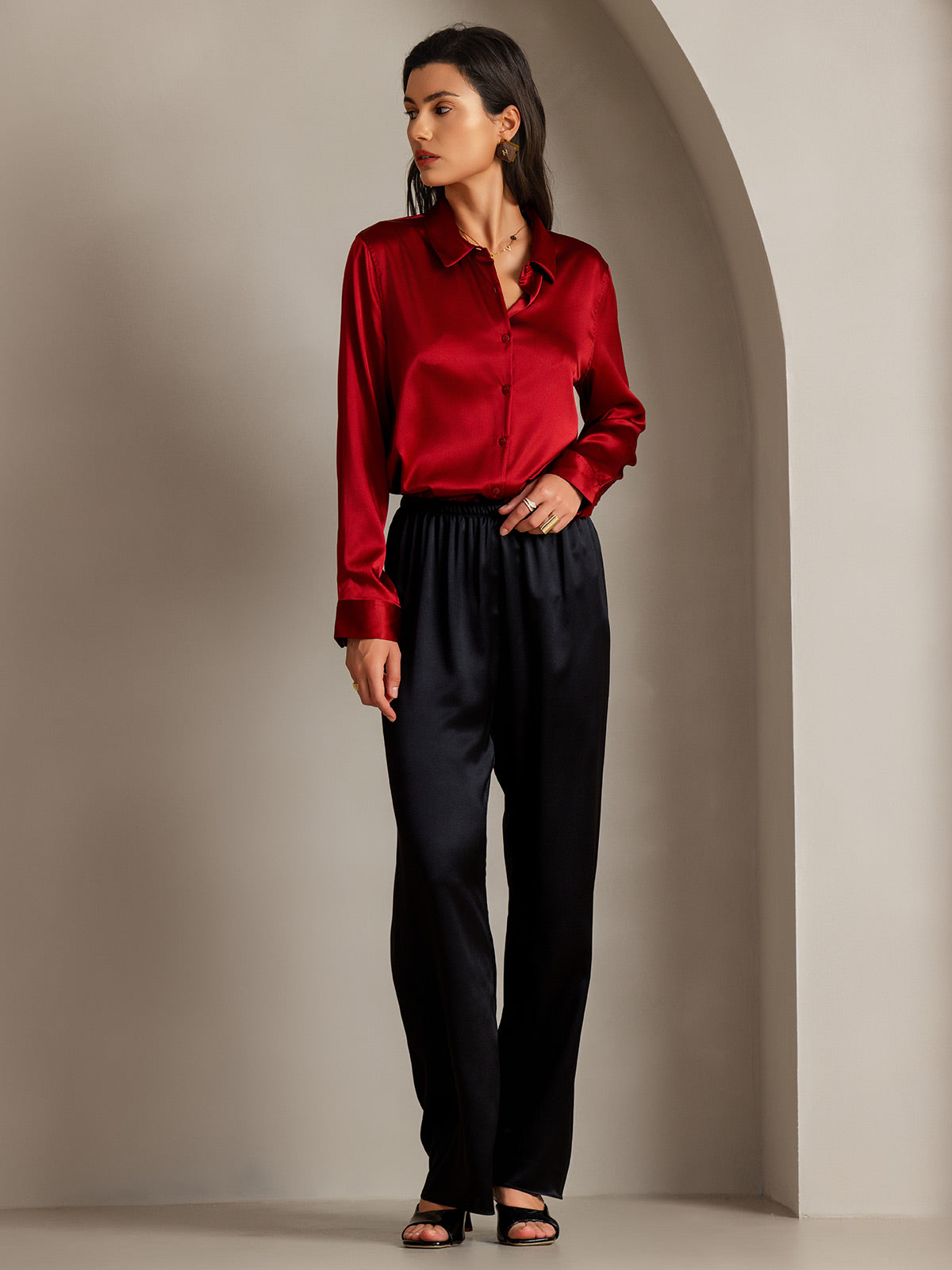 [Rouge] SilkSilky-FR 19Momme Manches longues Col à Revers Femme Chemise 006