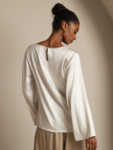 [Blanc] SilkSilky-FR Long Sleeve Boat Neck Blouse 002