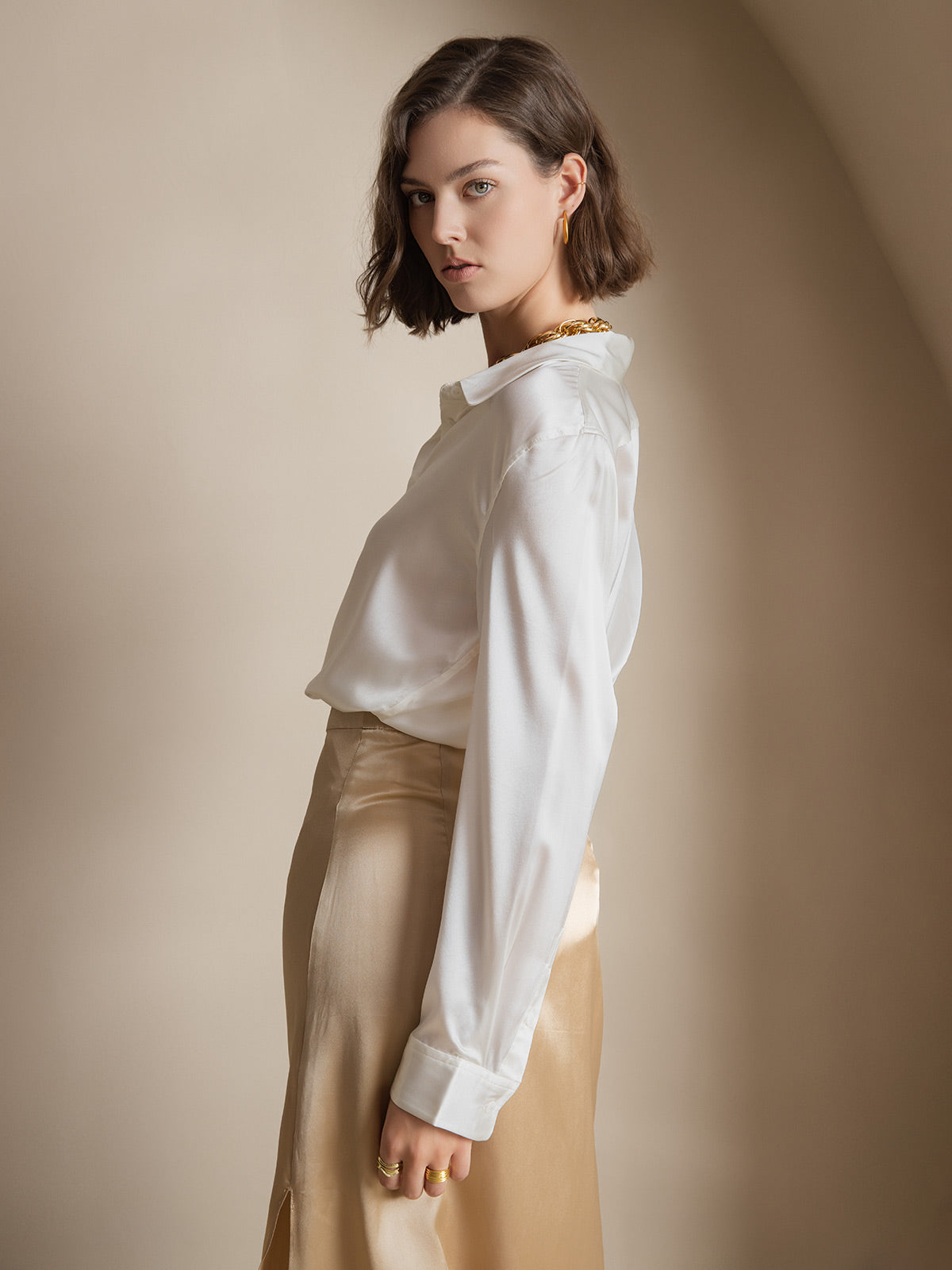 [Blanc] SilkSilky-FR 19Momme Manches longues Col à Revers Femme Chemise 004