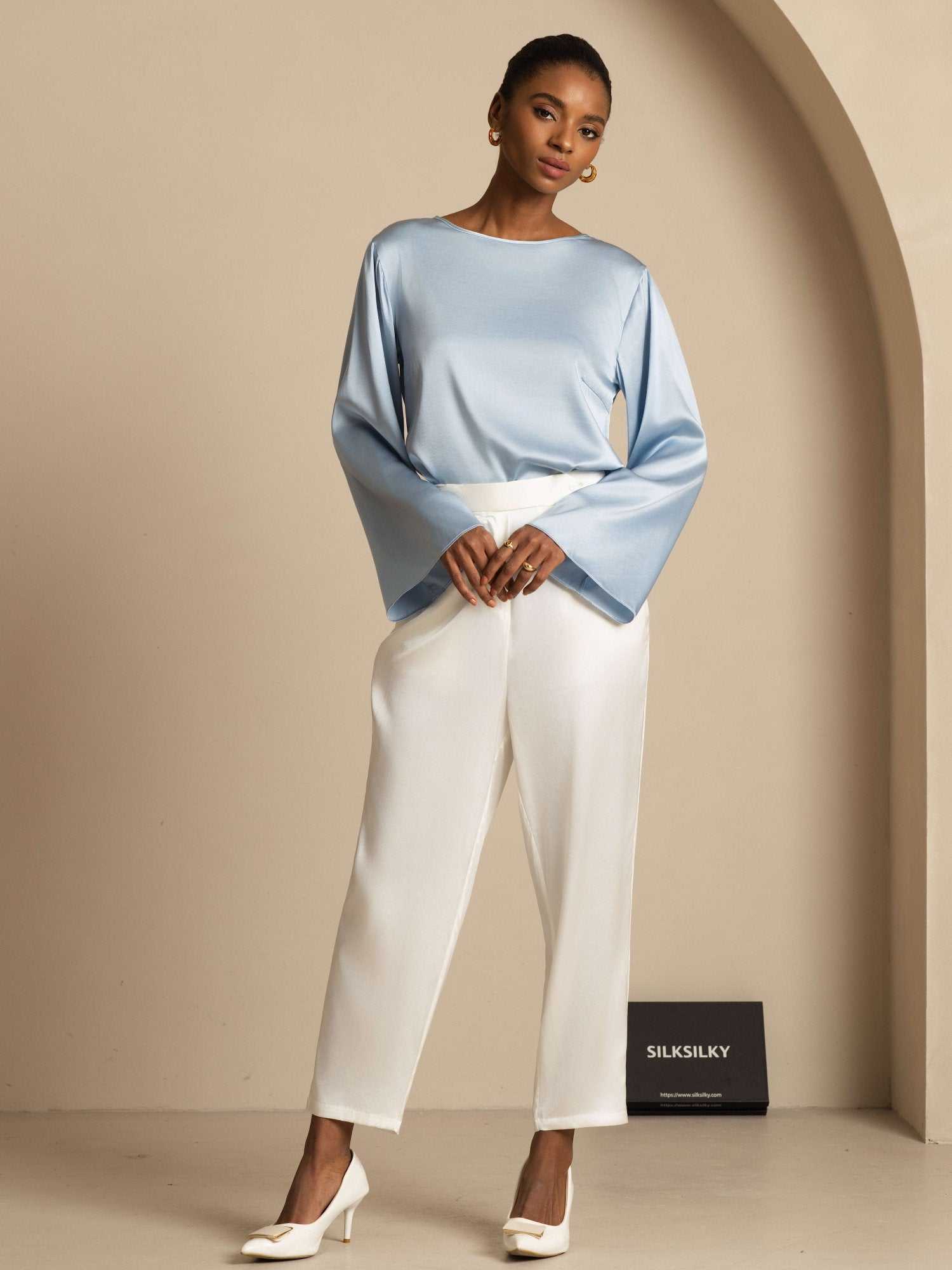 [Bleu Grisâtre] SilkSilky-FR 19Momme Manches longues Col Bateau Blouse 008