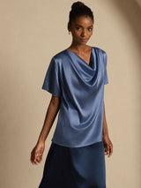 [Bleu Canard Véritable] SilkSilky-FR Short Sleeve Cowl Neck Blouse 007