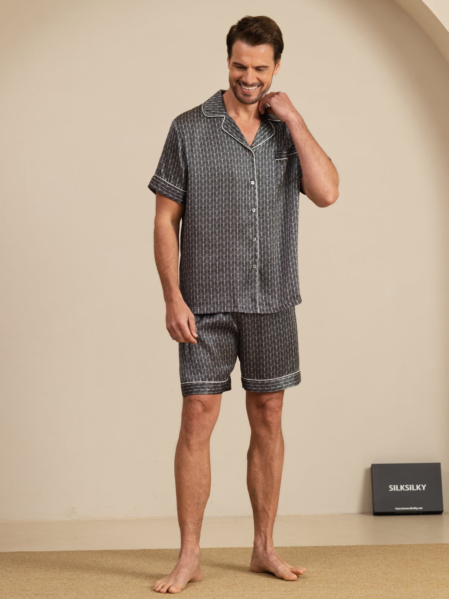 [Ginkgo Noir] SilkSilky-FR Manches courtes Col Cranté Homme Pyjamas 003