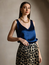 [Bleu Foncé] SilkSilky-FR Sleeveless V Neck Top À Fines Brides 003