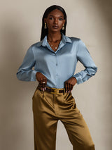 [Bleu Grisâtre] SilkSilky-FR Long Sleeve Lapel Collar Femme Chemise 005