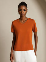 [Orange] SilkSilky-FR Short Sleeve V Neck Femme T-Shirt 001