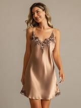 [Brun] SilkSilky-FR Sleeveless V Neck Chemises de nuit 003