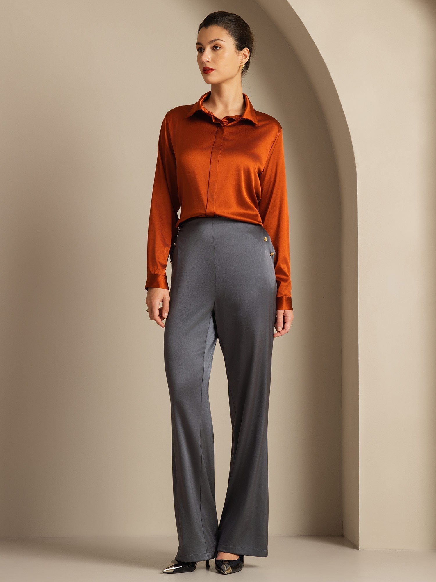 [Gris Foncé] SilkSilky-FR 19Momme Soie Womens Pants 007,