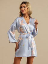 [Bleu Clair] SilkSilky-FR 3/4 Sleeve Femme Peignoir 003