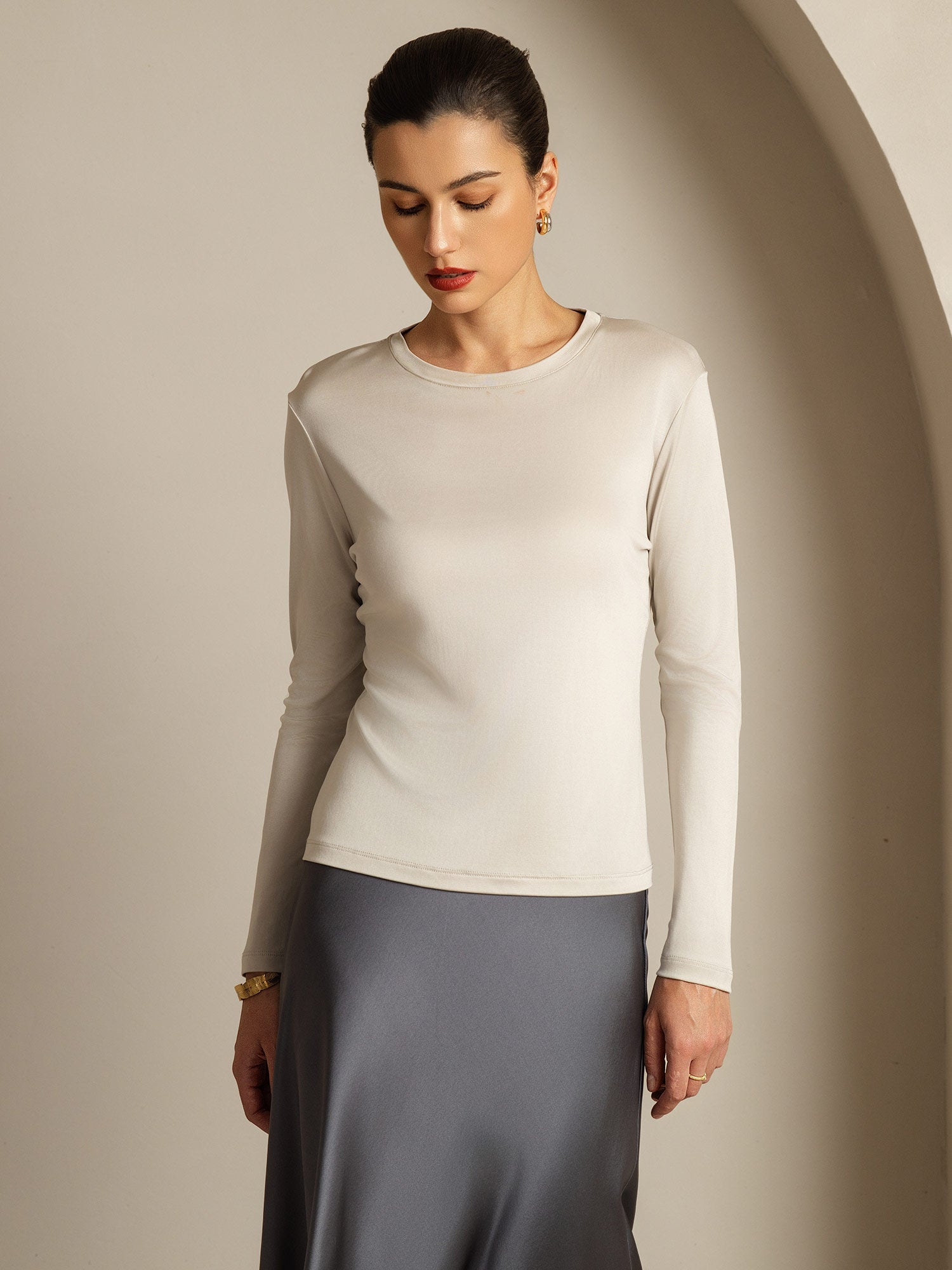 [Gris] SilkSilky-FR Soie Womens T-Shirt 001,