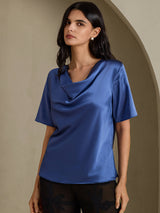 [Bleu Canard Véritable] SilkSilky-FR Short Sleeve Cowl Neck Blouse 001