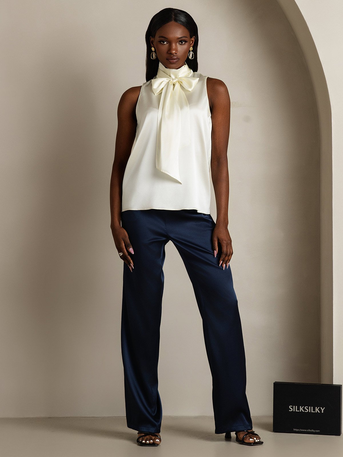 SilkSilky-FR 19Momme Soie Nœud à l'encolure Femme Chemise Ivory 006