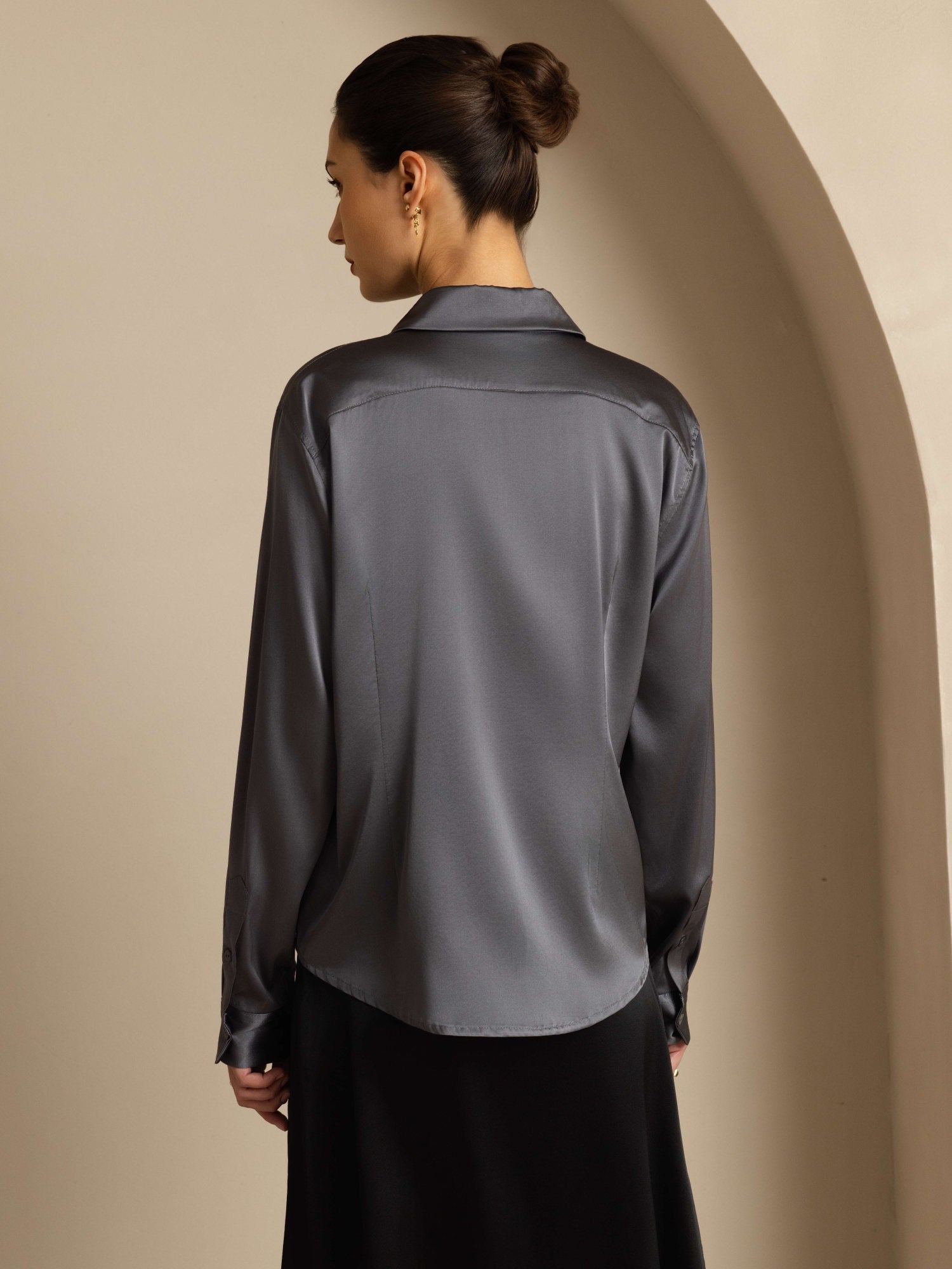 [Gris Foncé] SilkSilky-FR 19Momme Manches longues Col à Revers Femme Chemise 002