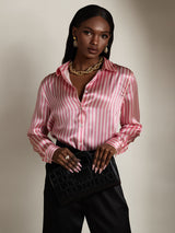 [Rayure Rose] SilkSilky-FR Long Sleeve Lapel Collar Femme Chemise 006