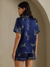 [Zèbre Bleu Marine] SilkSilky-FR Short Sleeve Lapel Collar Femme Pyjamas 002