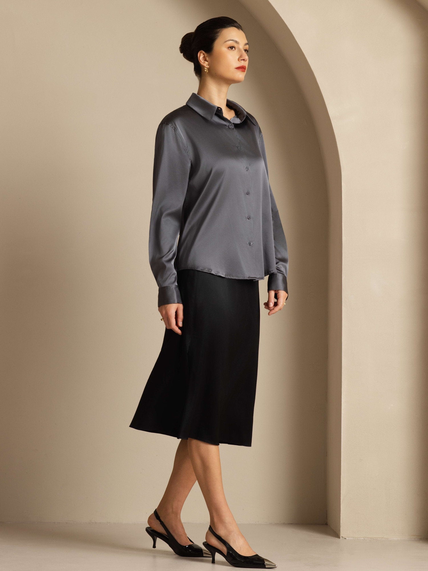 [Gris Foncé] SilkSilky-FR Soie Manches longues Col Chemise Femme Chemise 004