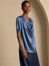 [Bleu Canard Véritable] SilkSilky-FR Short Sleeve Cowl Neck Blouse 004