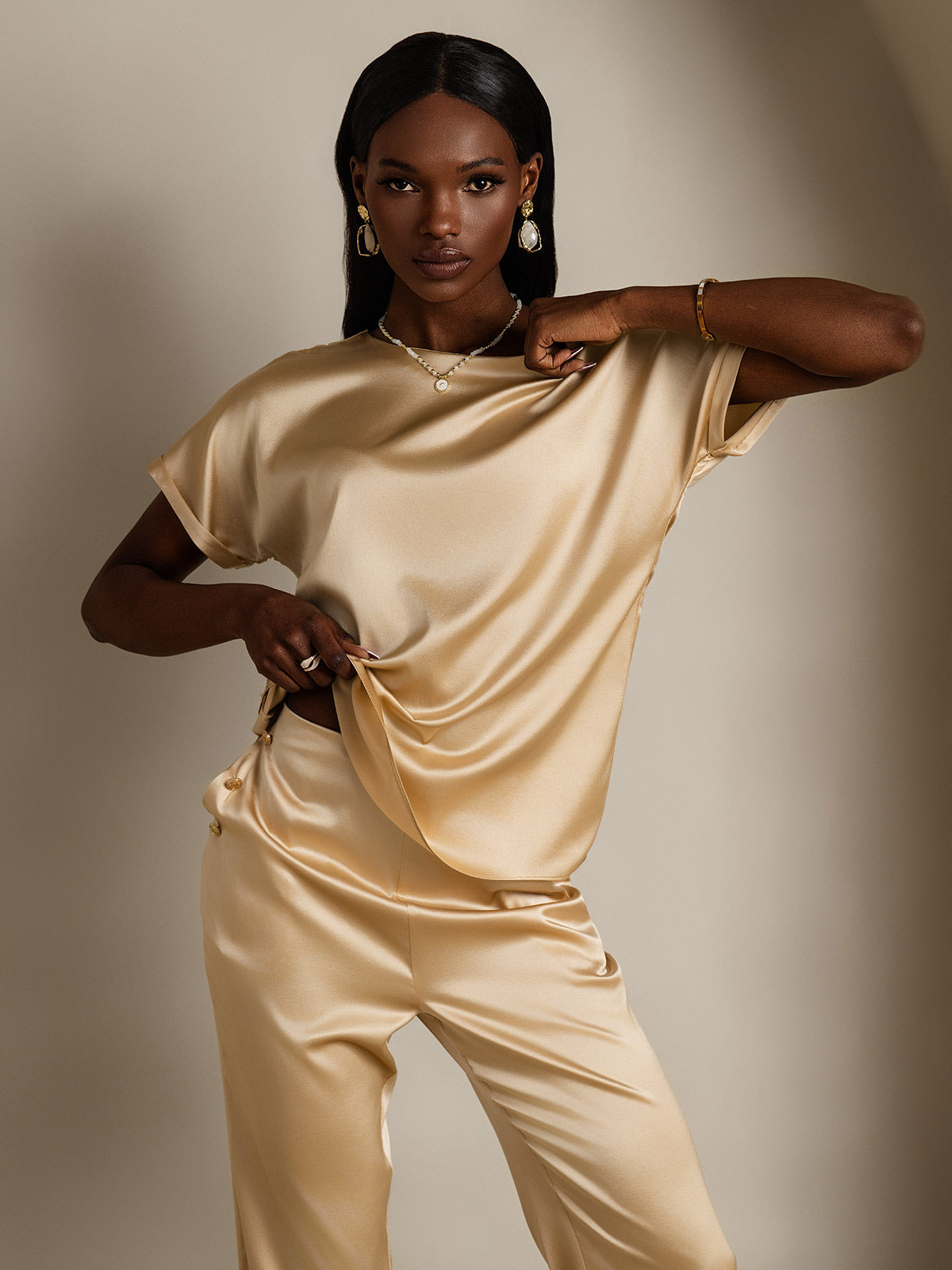 [Champagne] SilkSilky-FR 19Momme Soie Col Rond Femme T-Shirt 004,