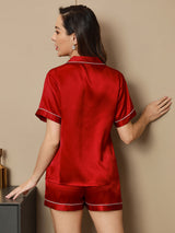 [Rouge Vineux] SilkSilky-FR Manches courtes Col Cranté Femme Pyjamas 002