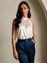 [Beige] SilkSilky-FR Sleeveless Halter Femme T-Shirt 001