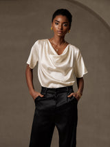 [Beige] SilkSilky-FR Short Sleeve Cowl Neck Blouse 003