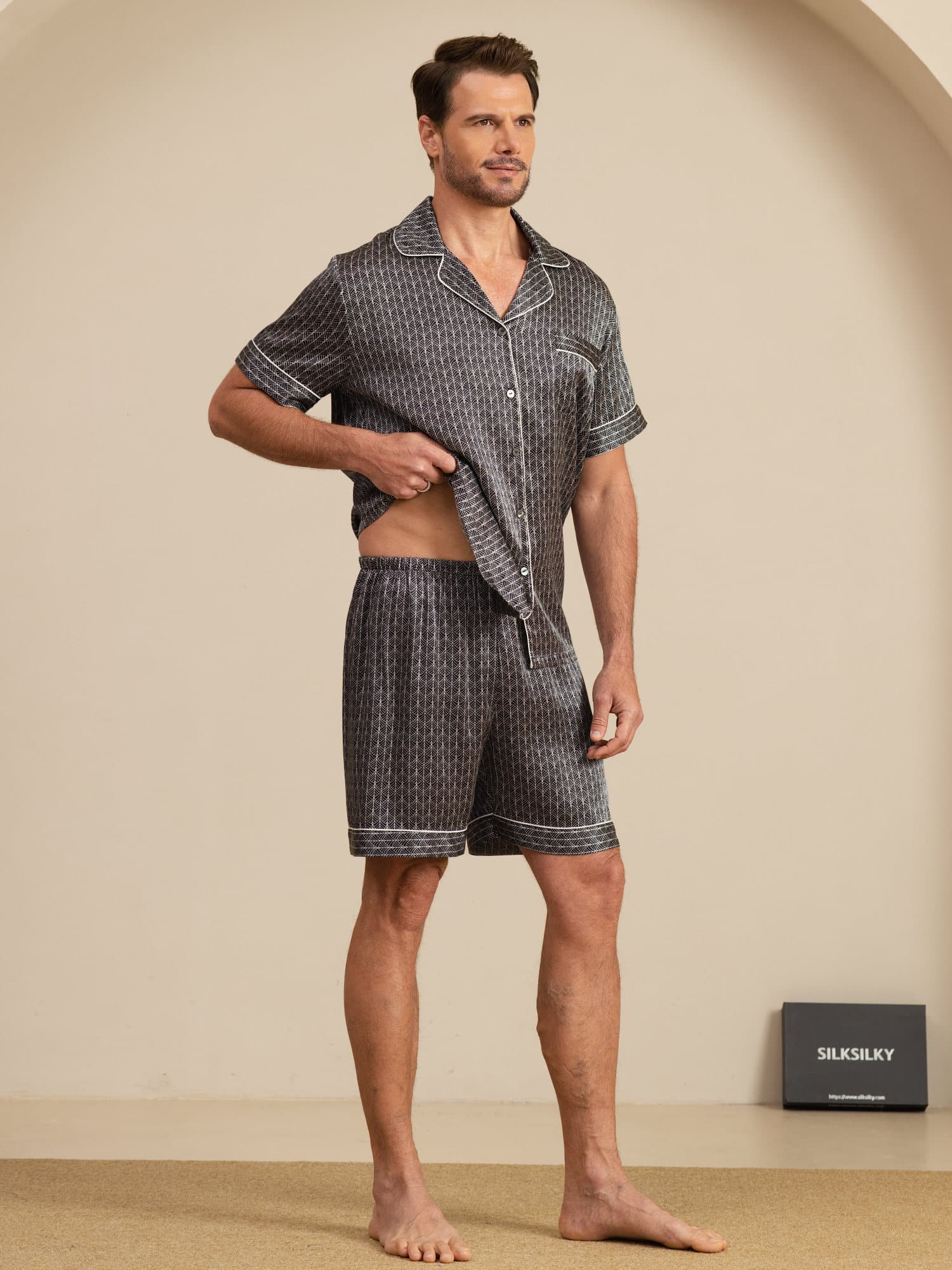 [Ginkgo Noir] SilkSilky-FR Manches courtes Col Cranté Homme Pyjamas 006