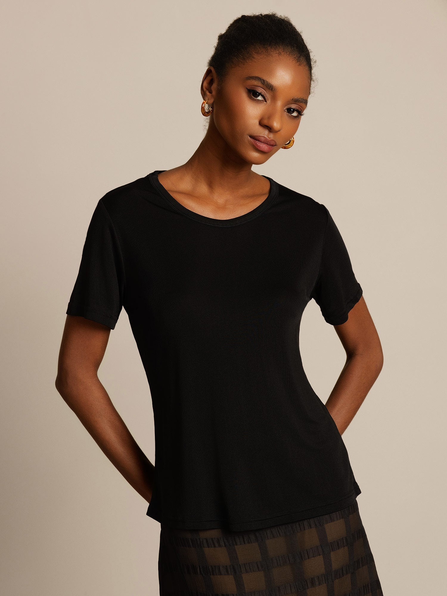 [Noir] SilkSilky-FR Manches courtes Col Rond Femme T-Shirt 001