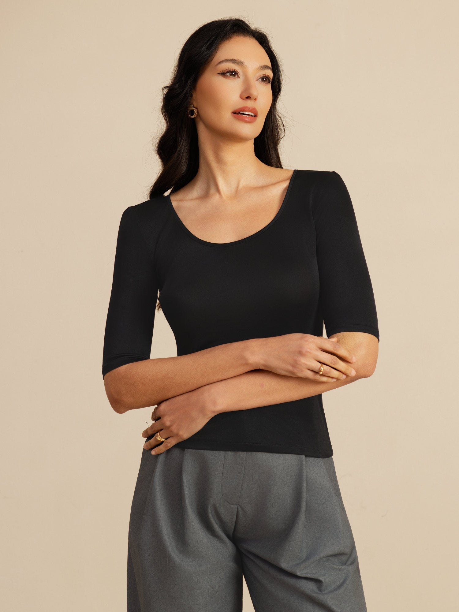 [Noir] SilkSilky-FR Manches mi-longues Encolure Dégagée Femme T-Shirt 004