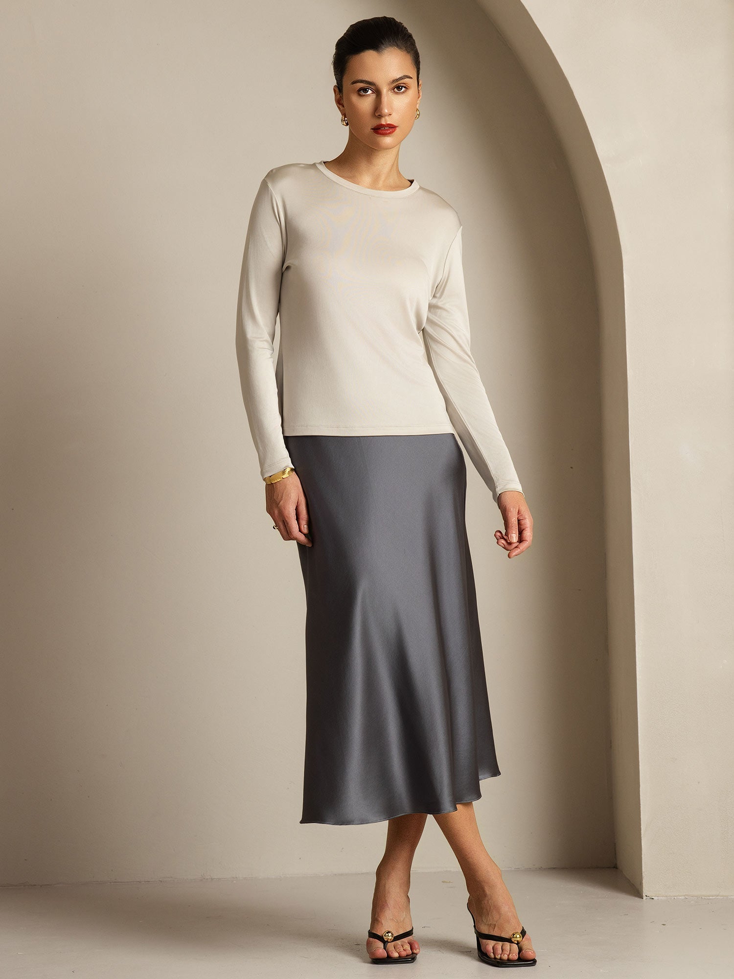 [Gris] SilkSilky-FR Soie Womens T-Shirt 009,