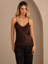 [Brun] SilkSilky-FR Spaghetti Strap V Neck Top À Fines Brides 001