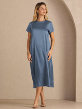 [Bleu Canard Véritable] SilkSilky-FR Short Sleeve Crew Neck Robes 005