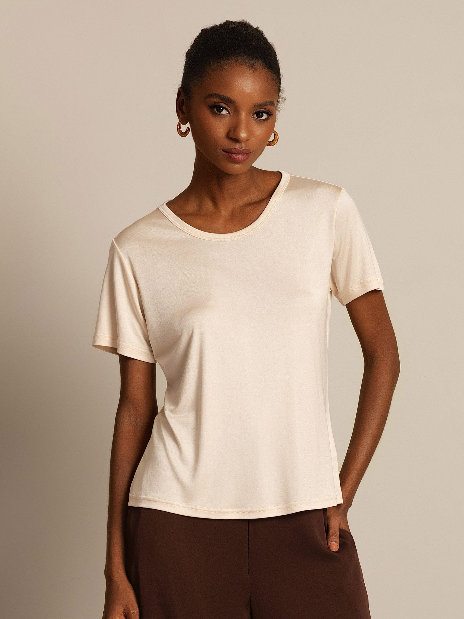 [Beige] SilkSilky-FR Soie Tricotée Col Rond Femme T-Shirt 006,