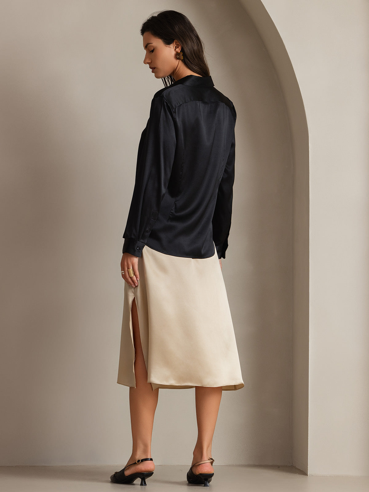 [Noir] SilkSilky-FR 19Momme Manches longues Col à Revers Femme Chemise 002