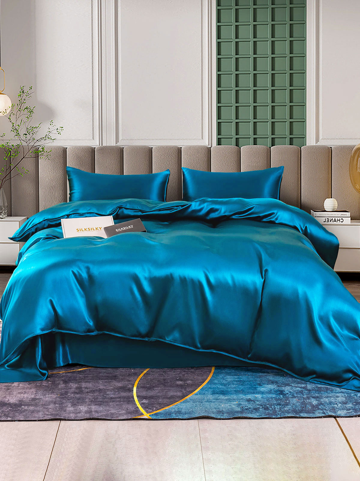 SilkSilky FR 25Momme Pure Soie Bedding Set BleuRoyal 001